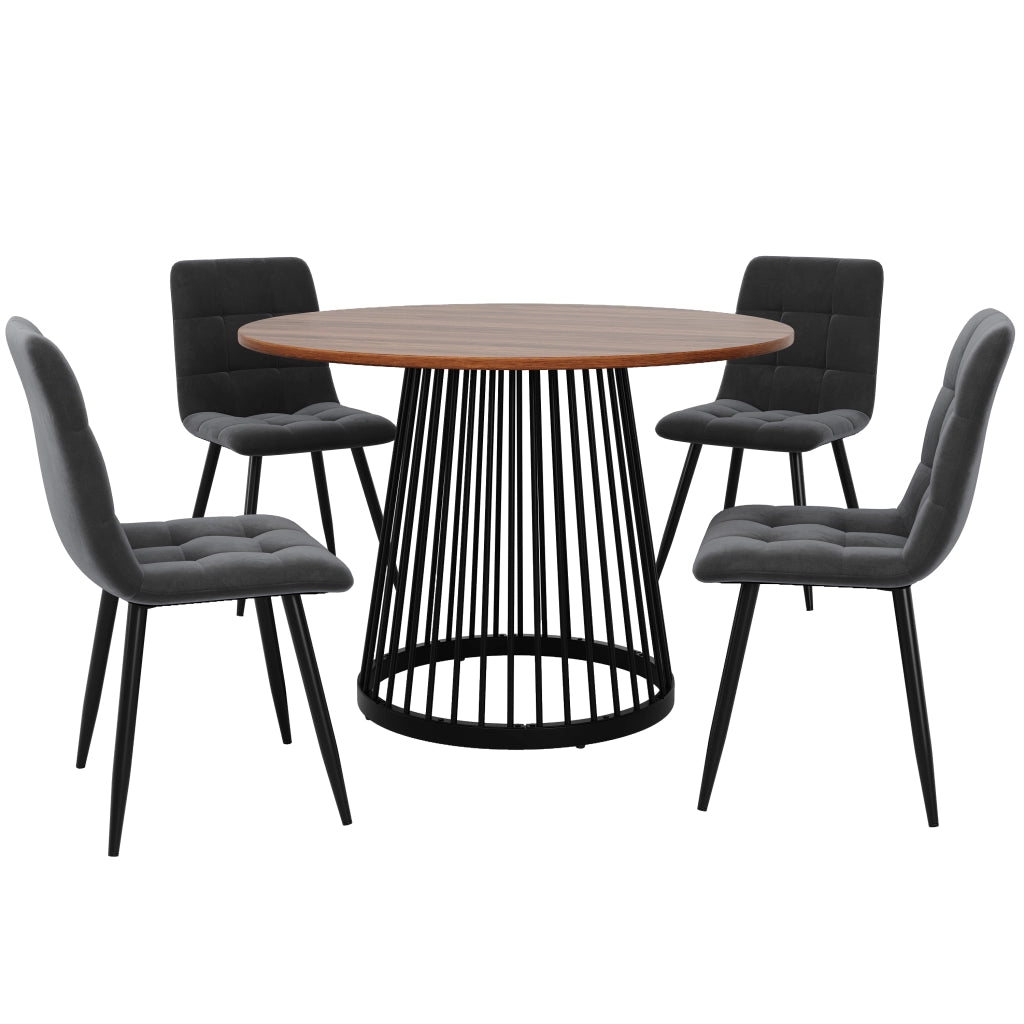 Tavolo da Pranzo Rotondo con 4 Sedie ¨C MINIMAL ¨C Piano MDF Noce, Gambe Metallo Nero, ?80 cm