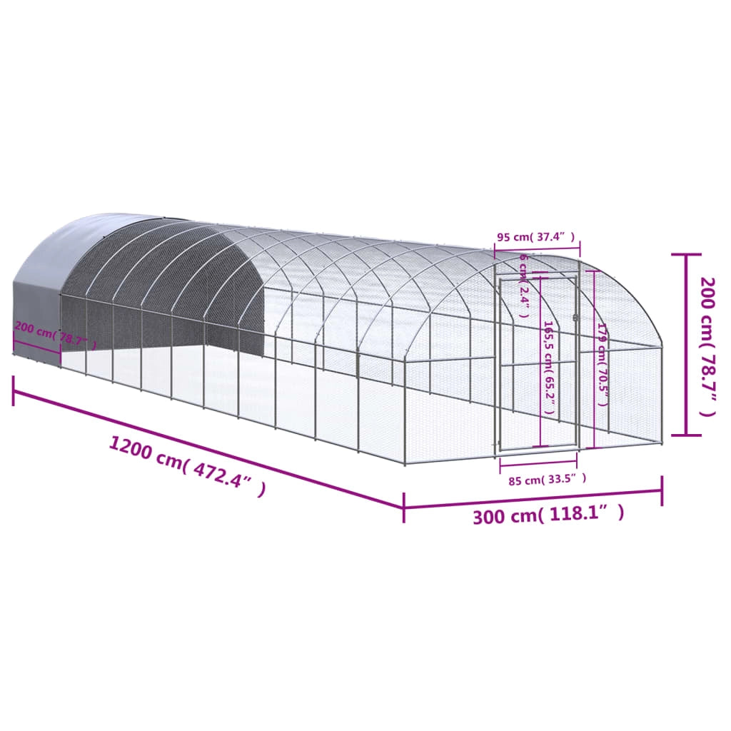 Pollaio recinto per polli da esterno 3 x 12 x 2 m acciaio zincato argento 02_0043999