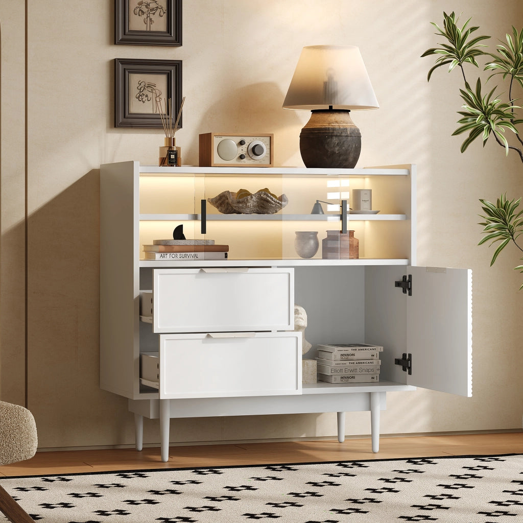 Armadietto da bagno con LED, ante scorrevoli in vetro e vani aperti, per bagno e soggiorno, bianco, 80 cm