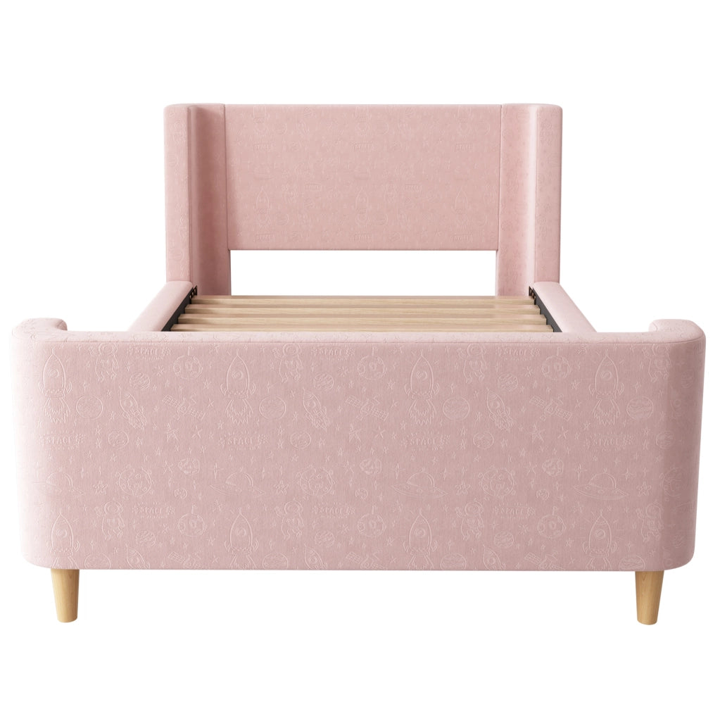 Letto singolo a slitta 90x200 cm in velluto rosa con motivo spaziale; per cameretta bambini