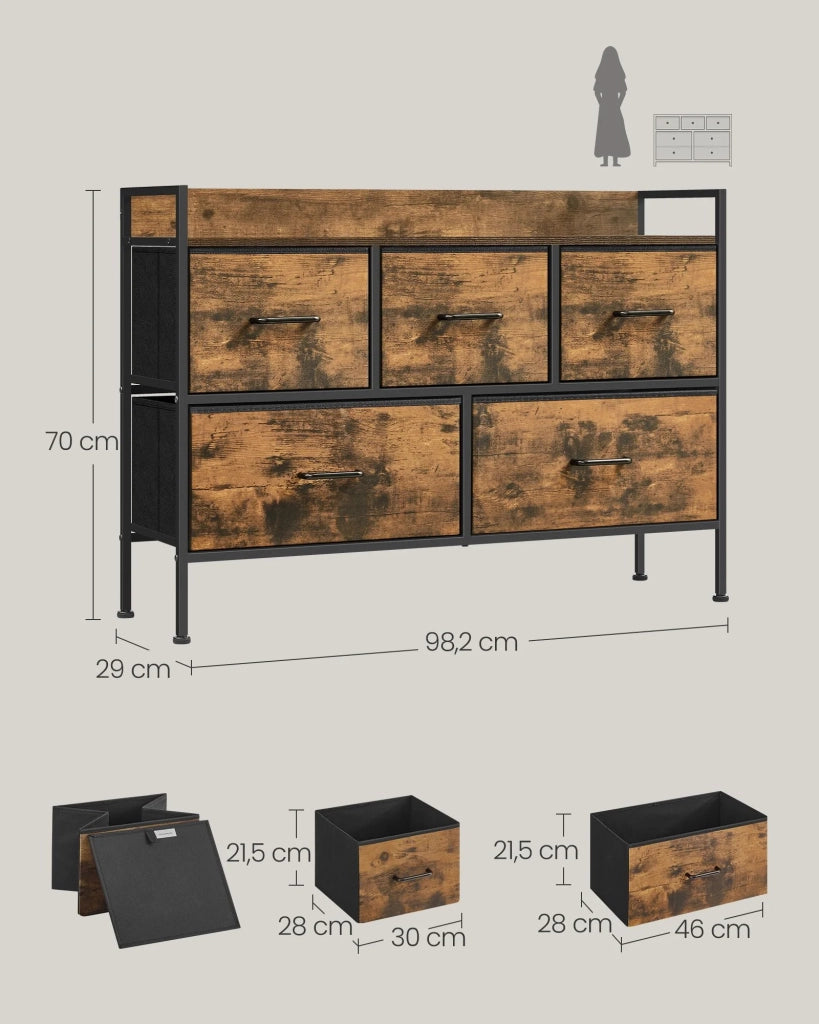 Cassettiera in tessuto 29 x 982 x 70 cm mobile contenitore con 7 cassetti su 3 livelli con maniglie in metallo stile industriale marrone 12_0005209