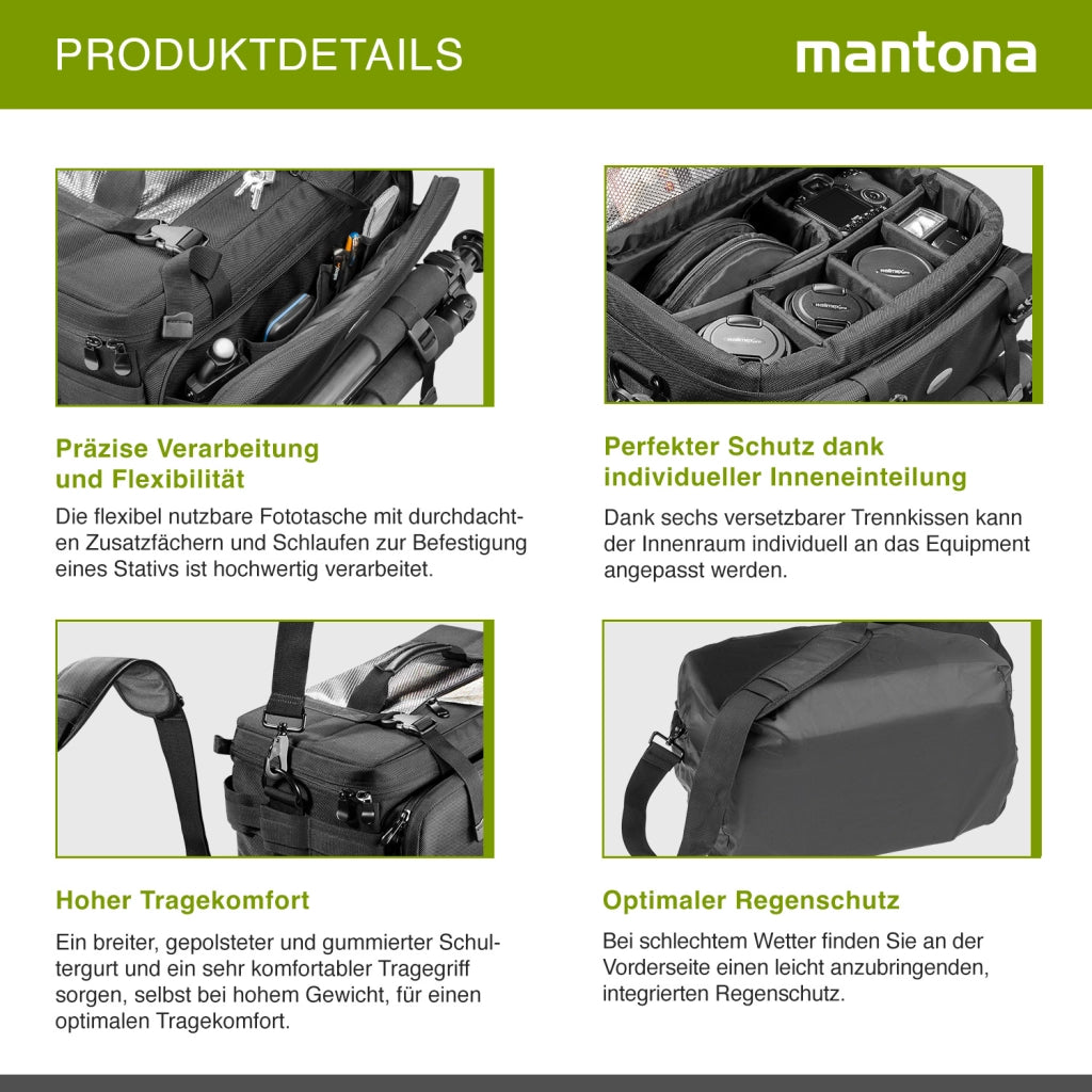 Mantona New York borsa fotografica con divisori interni per obiettivi, fotocamere a sistema, reflex, custodia per accessori fotografi con copertura antipioggia e tracolla