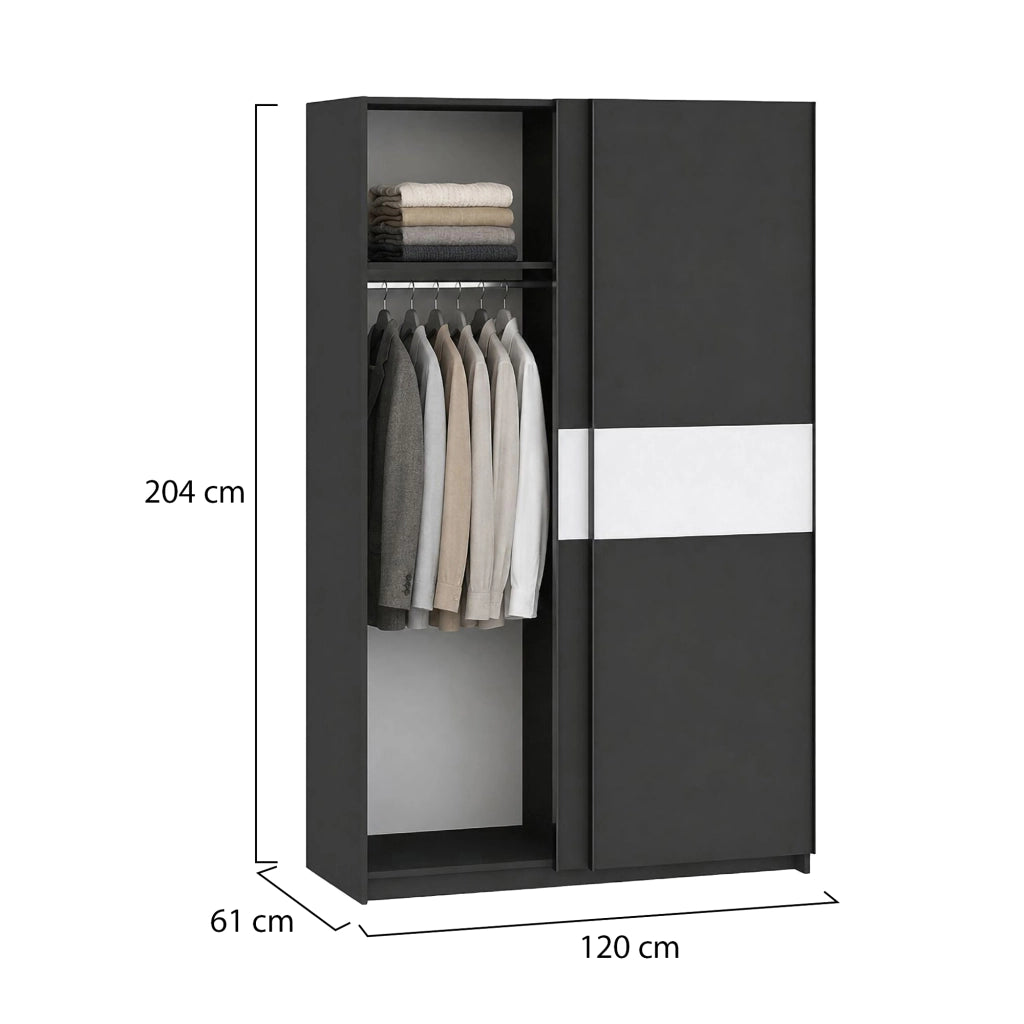Armadio Camera da Letto Maba, Guardaroba 2 Ante 2 Ripiani, 120x204h cm Nero Antracite
