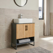 Mobile Sottolavabo Svanes a 2 Ante in Bambù 2 Scomparti Chiusi e Vano Aperto 70 x 60 x 30 cm - Grigio Scuro/Naturale [en.casa]