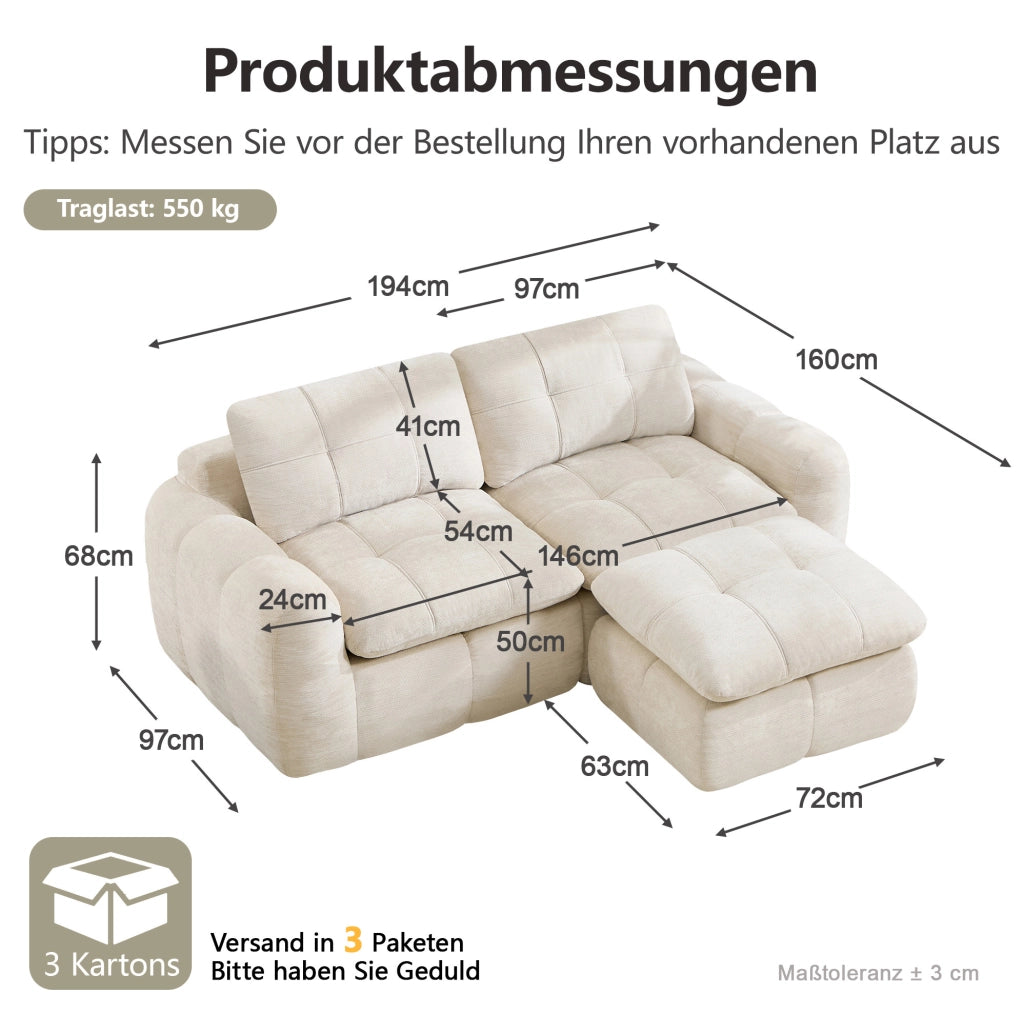 Divano modulare angolare 2 posti con pouf 194x160x68 cm in chenille beige