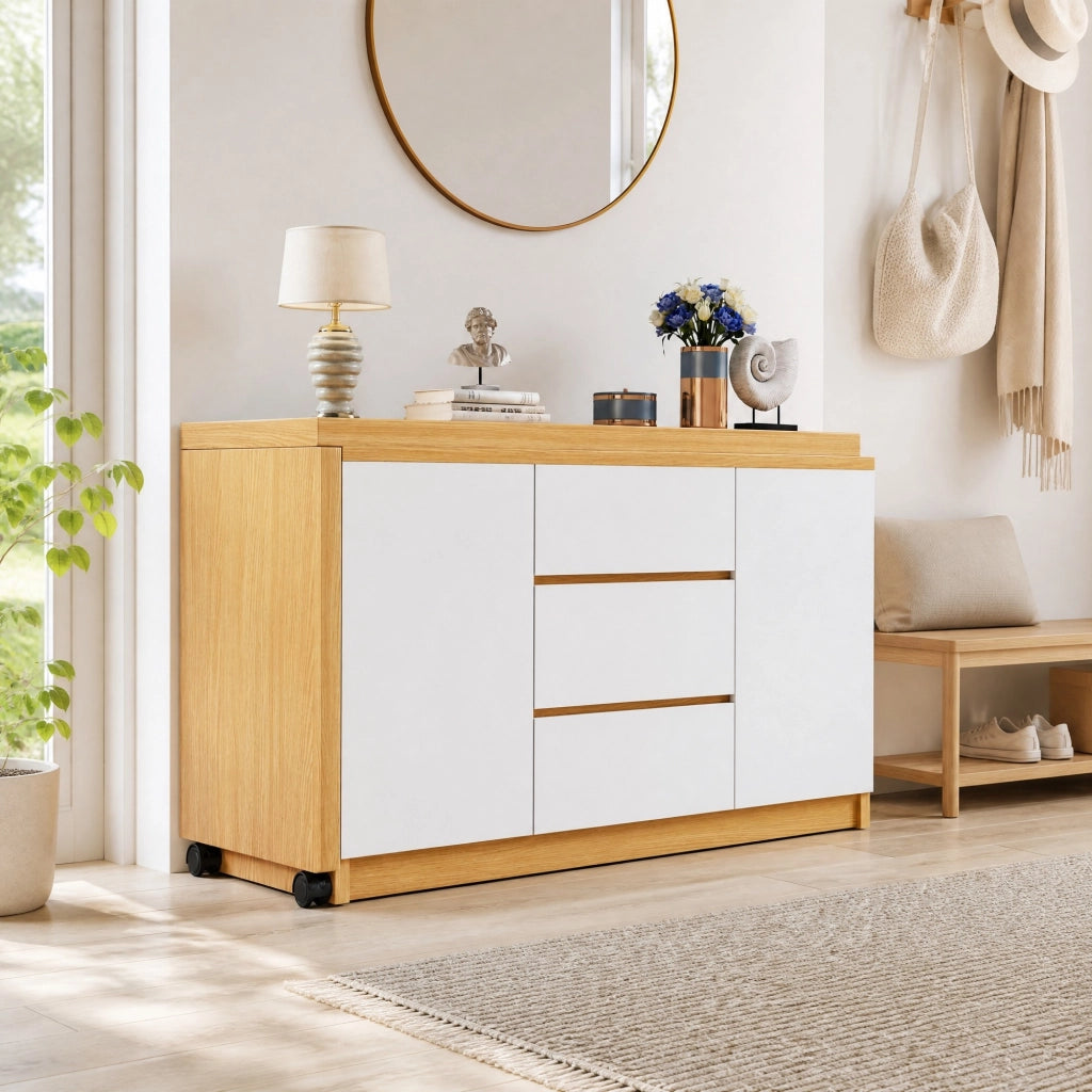 Scrivania pieghevole girevole 360° con ruote bloccabili, 2 ante e 3 cassetti, 120x50x76,5 cm, bianco/rovere