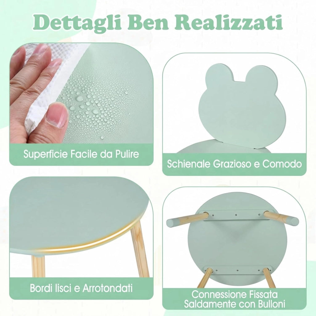 Set Tavolo e Sedie per Bambini, Tavolino e 2 Sedie a Forma di Rana con Gambe in Legno e Angoli Arrotondati, Set Mobili Salvaspazio per Bambini 3+ Anni per Cameretta Ragazzi (Verde)
