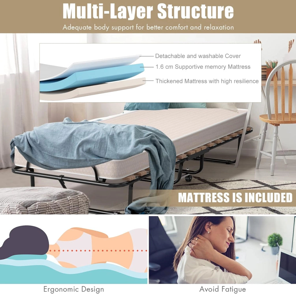 Letto Singolo Pieghevole con 4 Ruote, Portata di 120 kg, Letto Pieghevole con Materasso e 4 Gambe in Mettallo, Fibbia Fissata, 80 x 190 cm, Materasso di 10 cm, Ideale per Viaggio e di Riserva