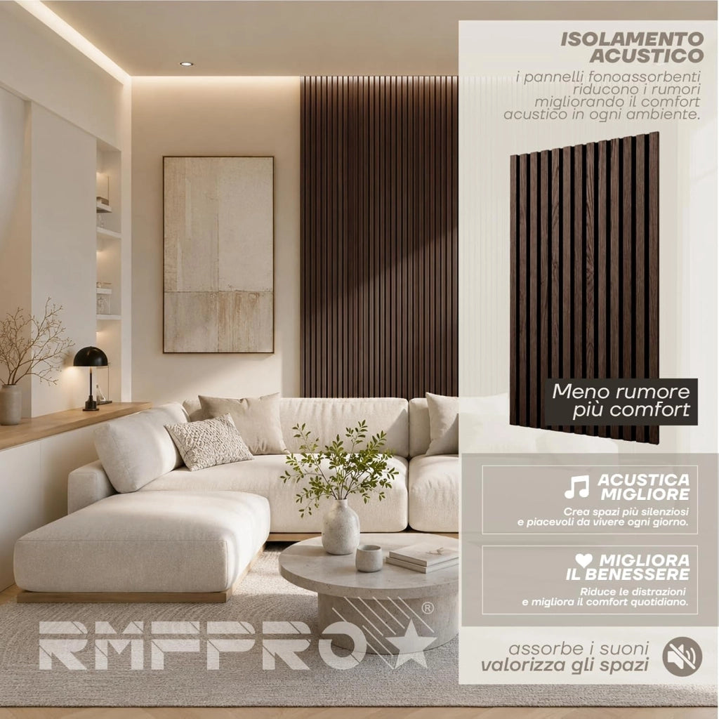 RMF PRO Set 2 Pannelli Decorativi Parete Legno Fonoassorbenti Fumo Scuro 120x60 cm (1,44 m²) – Rivestimento Acustico a Listelli MDF per Soggiorno, Studio e Ufficio