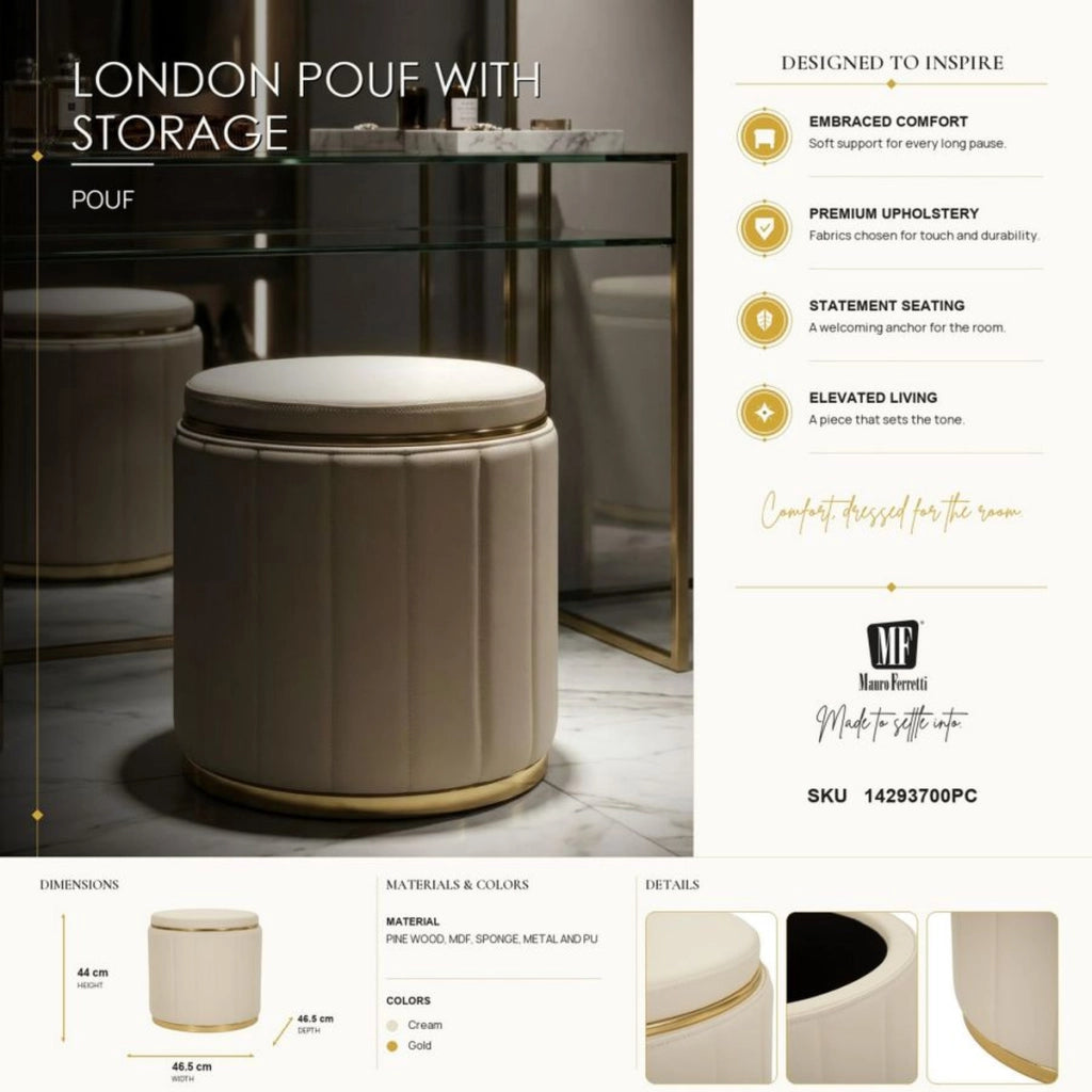 Pouf contenitore London crema con base in metallo oro