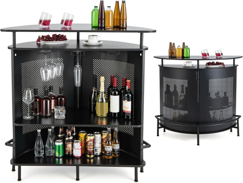 Tavolo da bar con 1 ripiano rialzato e 3 portabicchieri, tavolo da vino a 4 livelli, tavolo per bere, cucina, poggiapiedi in stile industriale, nero, 110,5 x 48 x 112,5 cm (semi-circolare)
