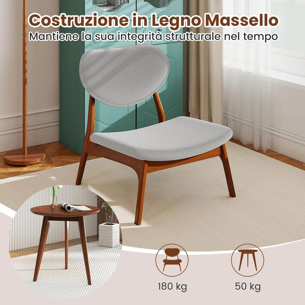 Sedie in Set di 2 con Tavolino, Sedie Relax da Salotto Imbottite in Tessuto di Velluto di Pecora con Struttura in Legno Massello, Sedia Ergonomica da Lettura per Soggiorno (Grigio)