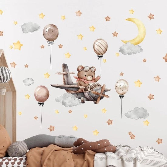 Sticker Muro per Bambini - Disegno Aeroporto Birra Aereo Luna Ballo Stelle Nuvola - Decorazione per Camera da Bambini Soggiorno - Sticker Muro Autoadesivo Rimosso
