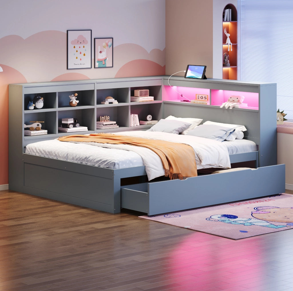 Letto matrimoniale multifunzione 140x200 cm in legno con contenitori, USB e LED, grigio