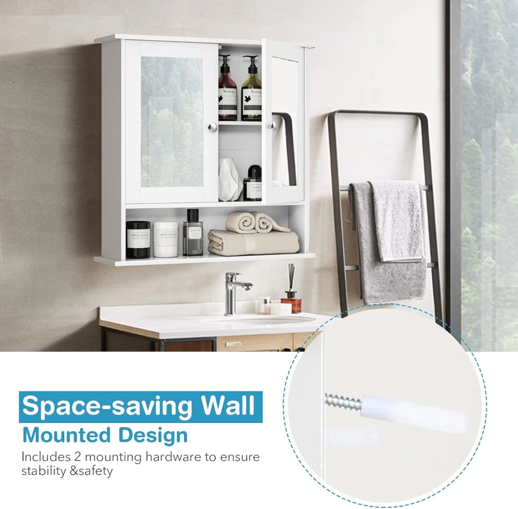 Armadio pensile con specchio, a due porte, con ripiano regolabile, 3 ripiani, 56,5 x 13,5 x 58,5 cm, bianco