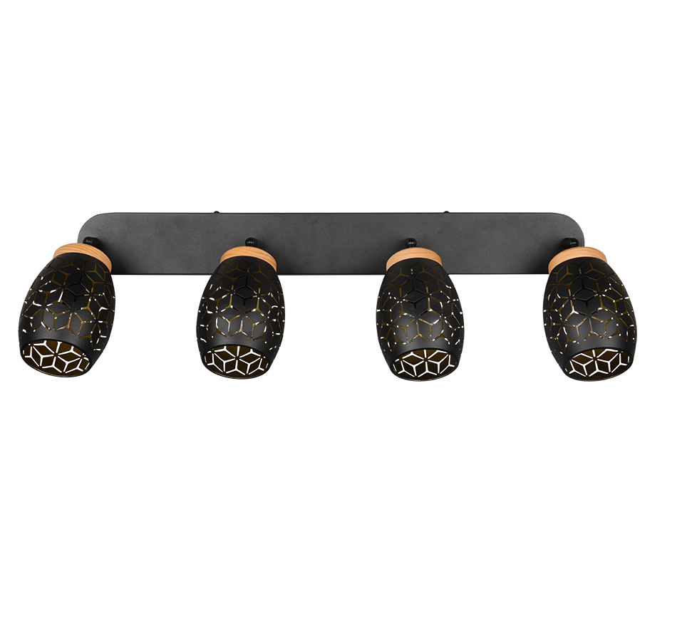 Barra 4 spots, metallo, nero e legno, L 74 cm, Bidar