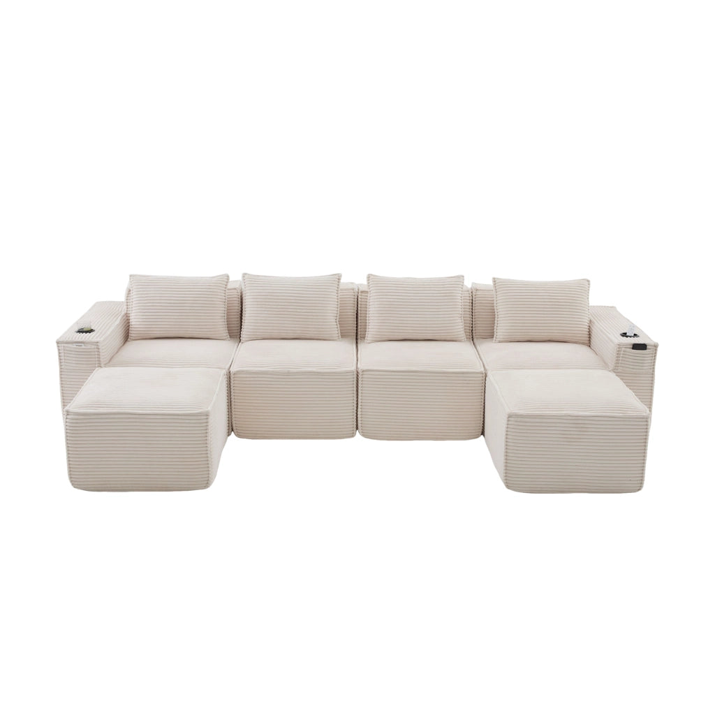 Divano modulare 4 posti con portabicchieri, tasche laterali e cuscini schienale, in tessuto a coste beige