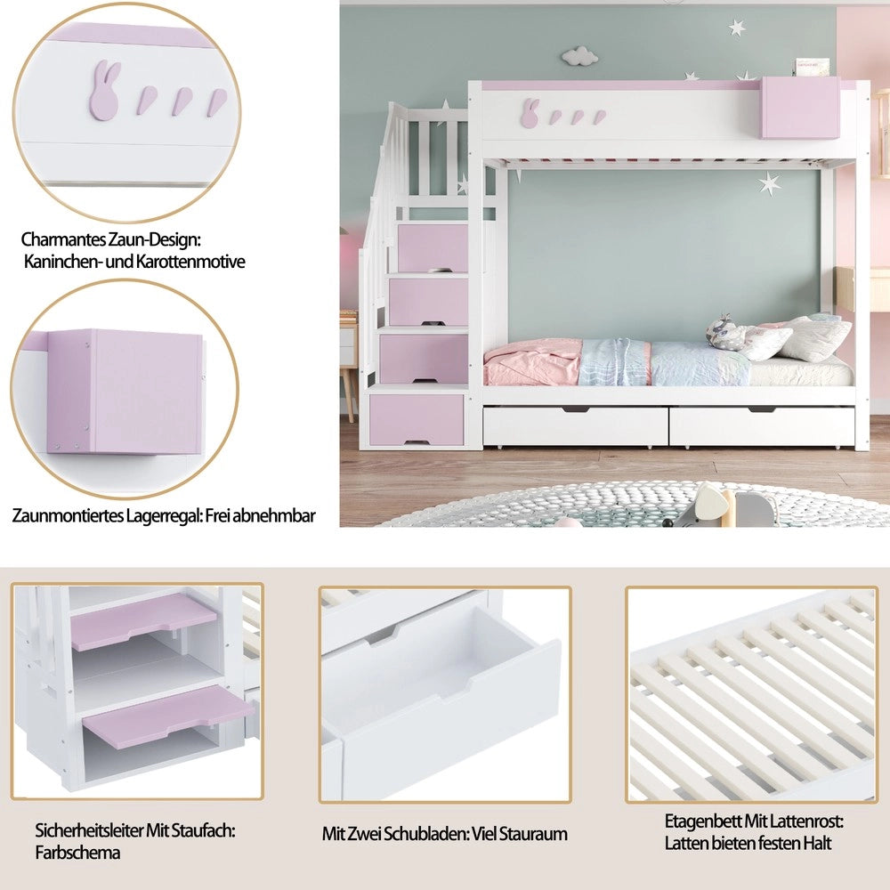 Letto a Castello Singolo con Cassetti e Doghe ¨C MINIMAL ¨C Bianco e Rosa, 90x200
