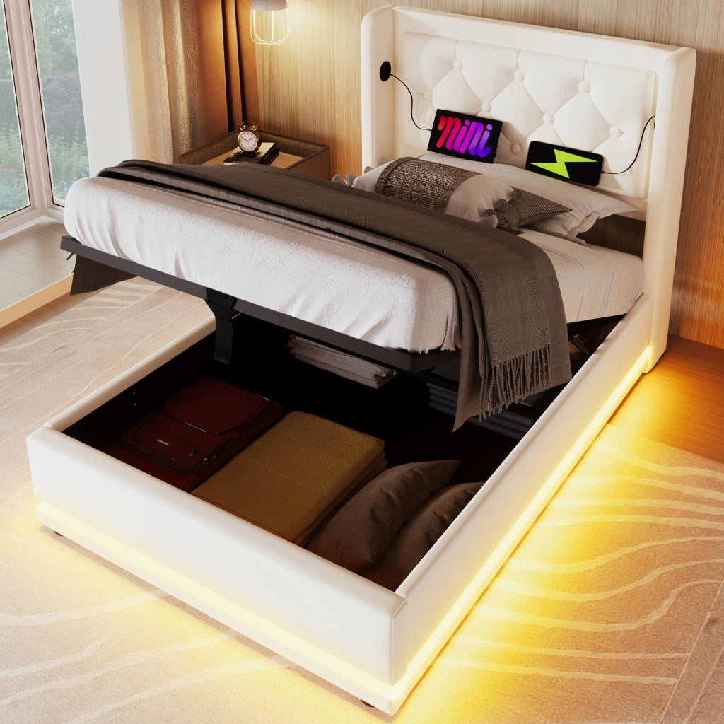 Letto Contenitore Singolo con USB; Tipo C e LED Regolabile 90×200 cm; senza Materasso; in PU Bianco