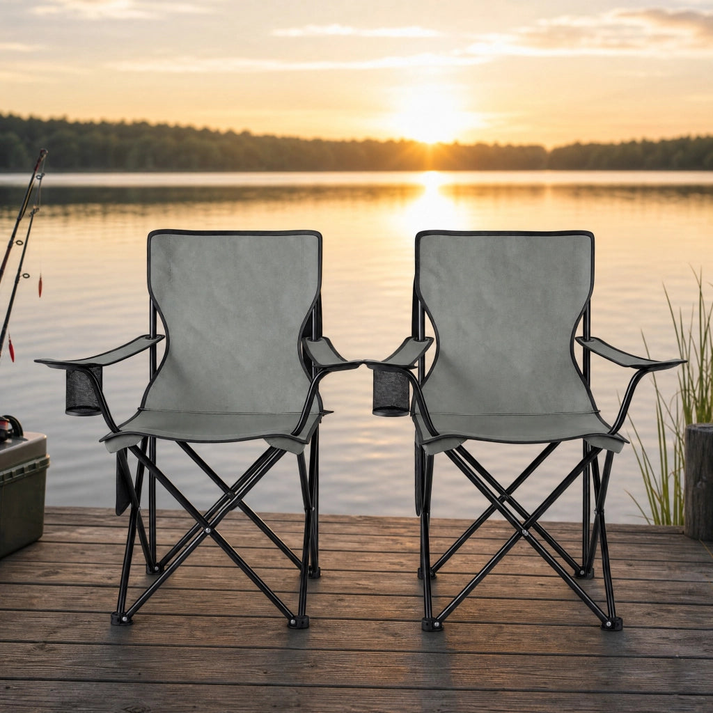 SEDIA da campeggio pieghevole set da 2 pezzi con portabicchieri 47x76x80,5 cm grigio scuro
