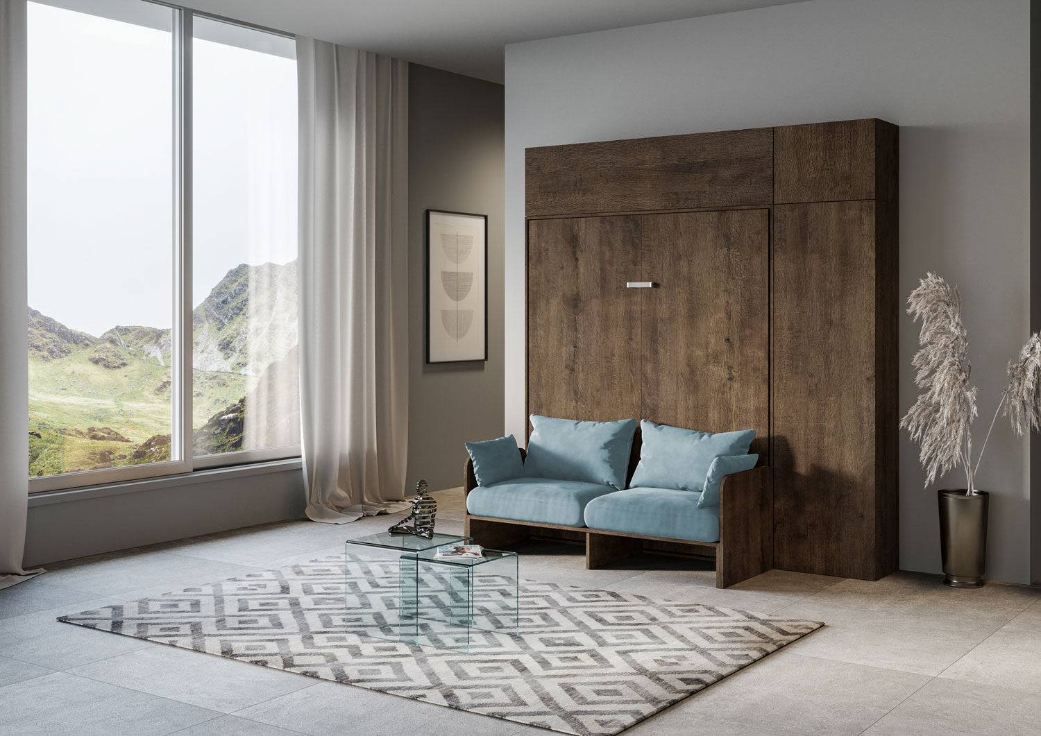 Letto Matrimoniale A Scomparsa 160 Kentaro Con Divano E Mobili Noce e Azzurro