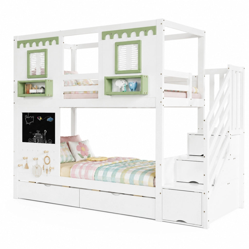 Letto a castello per bambini 90x200 cm con scala contenitore, 2 cassetti, lavagna e pannello forato, bianco+verde