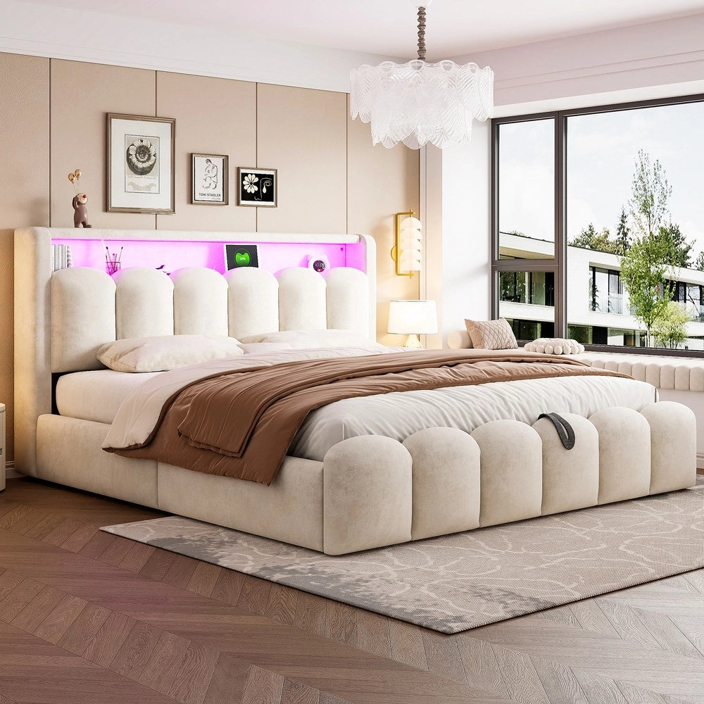 Letto Contenitore Imbottito 180x200 ¨C MINIMAL ¨C Velluto Beige, LED, USB, Testiera con Vano