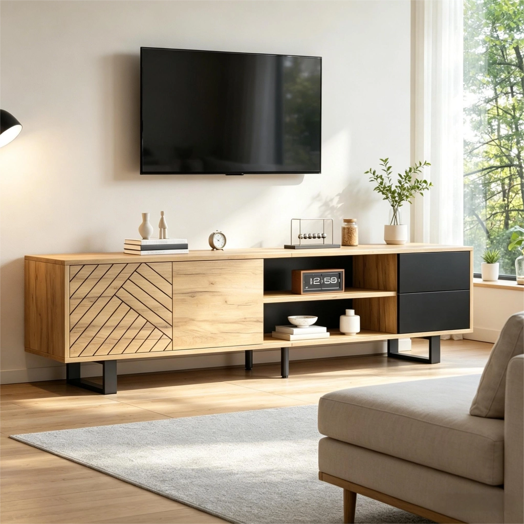 Mobile porta TV con 2 ante 2 cassetti e vani aperti per soggiorno in truciolare e metallo nero 180 × 40 × 50 cm