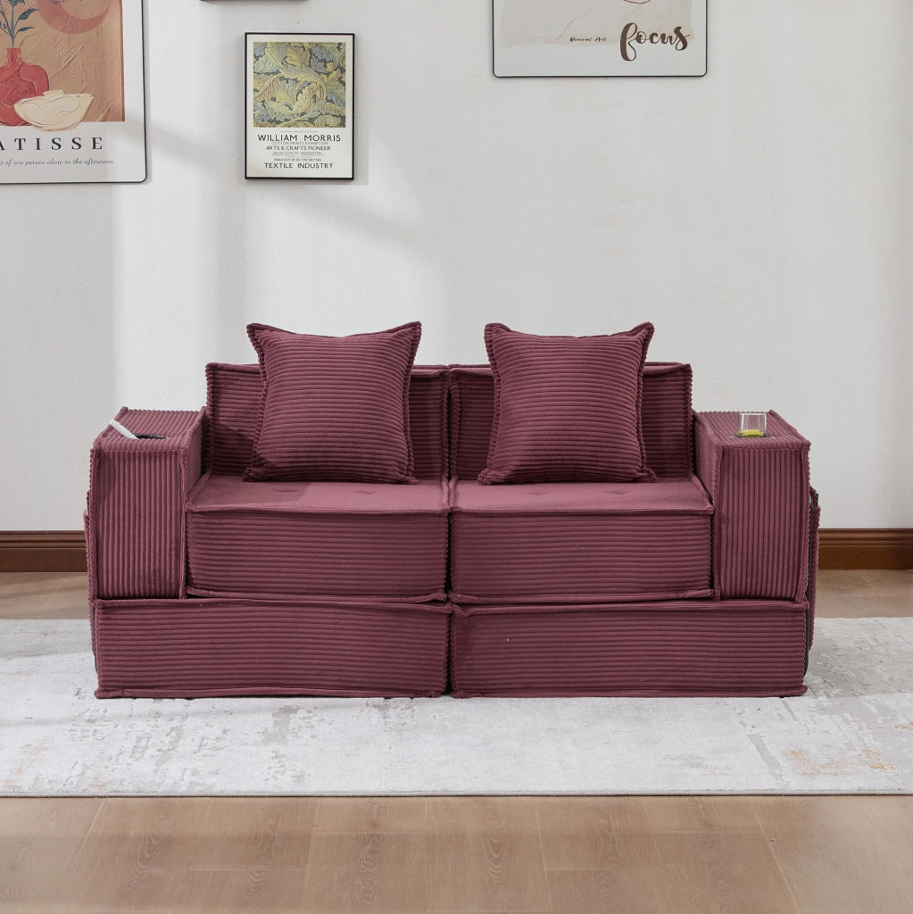Divano 2 posti modulare 162x78x66 cm in velluto a coste con tasche laterali; rosso vino