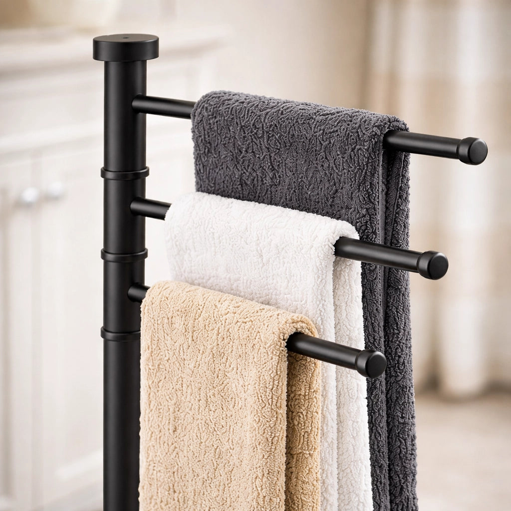 Piantana da Bagno Porta Asciugamani in Acciaio Inox Smaltato Nero 3 Braccia Girevoli