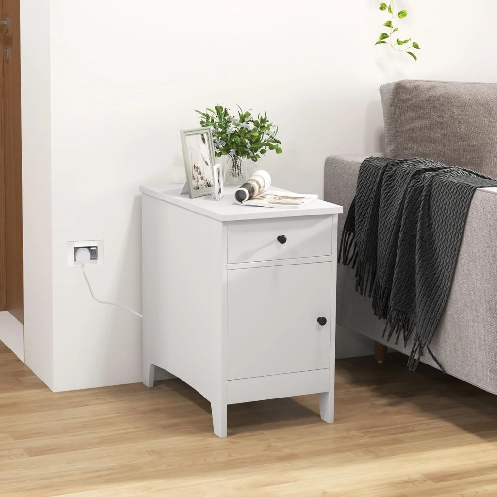 Tavolino ausiliario con cassetto e porta, 60 x 35 x 60 cm, comodino con spazio di archiviazione, tavolo laterale con prese e porte, comodino per camera da letto, soggiorno (bianco)