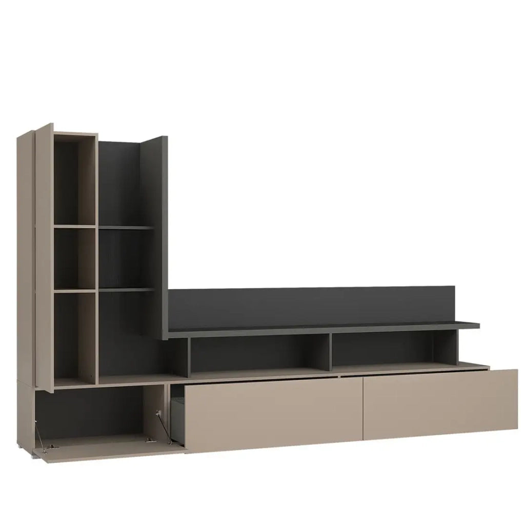 Mobile Porta TV da parete NESS – Set 270 cm – 2 cassetti, 2 ante, 10 vani – Finitura Congo