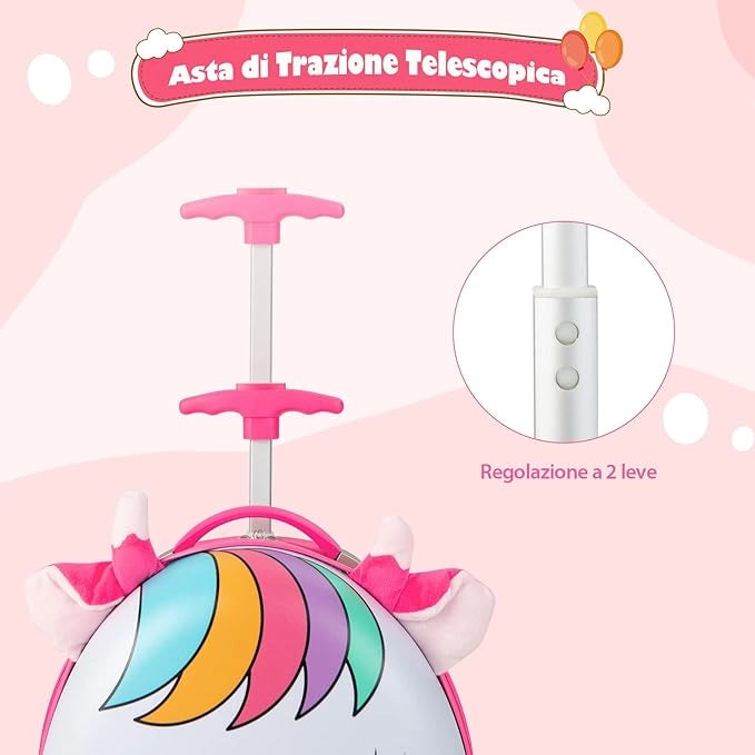 Valigia per Bambini da 16" con Ruote illuminate, Valigia con Manico Telescopico in Alluminio, Regalo per Bambini, 33 x 22 x 45 cm (unicorno(4))