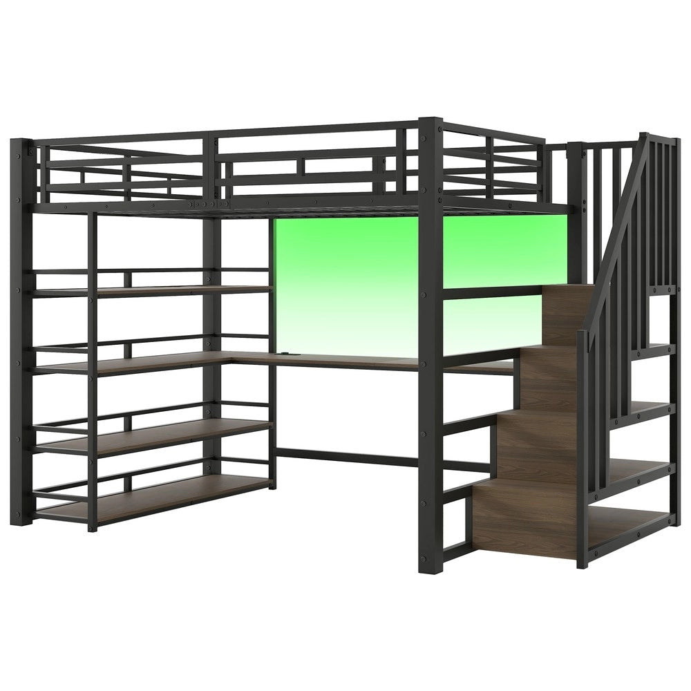 Letto a Soppalco con Scrivania, LED e USB ¨C MINIMAL ¨C Metallo Nero 140x200