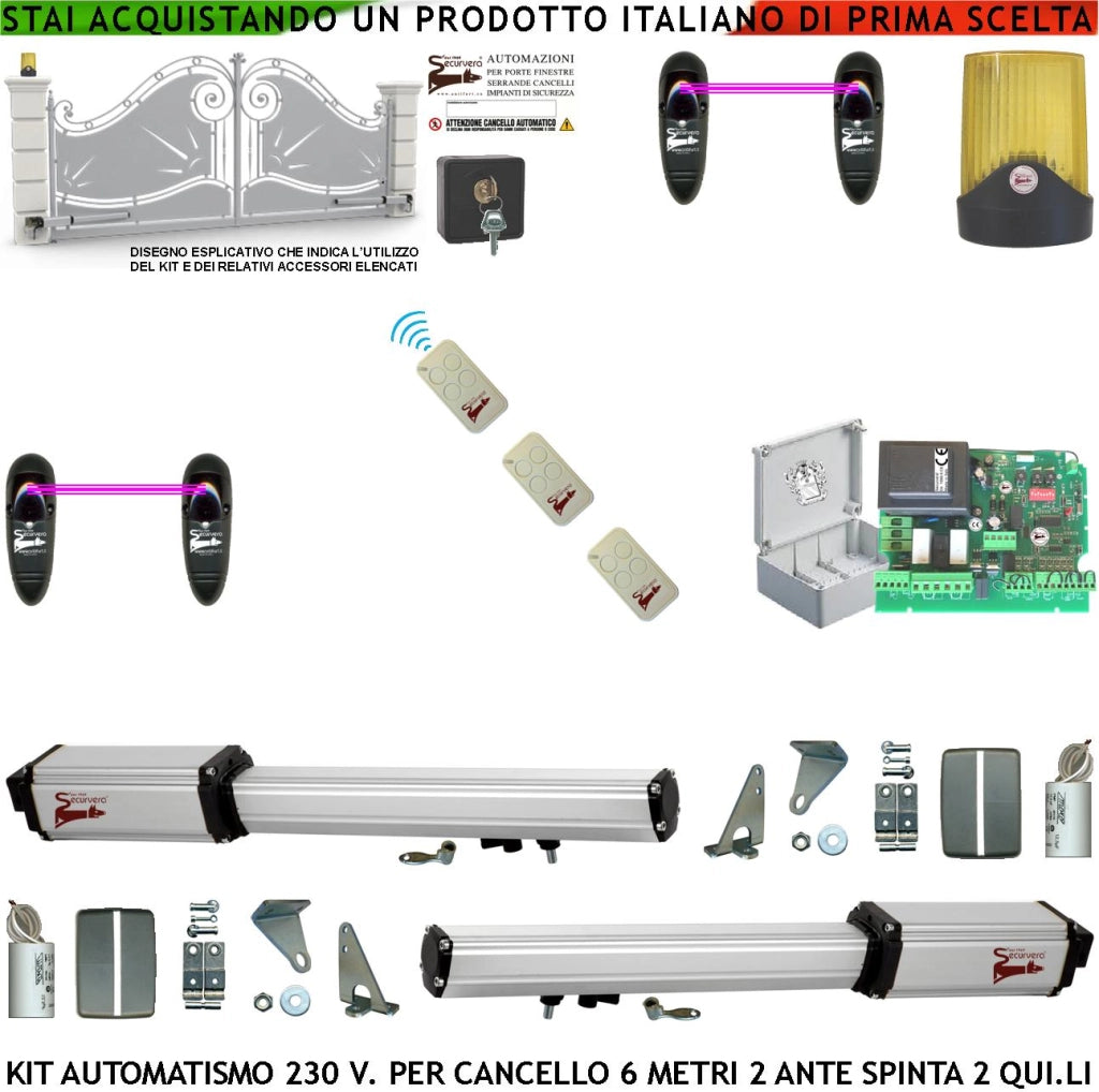 ApriCancello 6 Metri 2 Ante da 3,0 MT Kit Base 2 Motori Elettromeccanici 230 V Corsa 500 mm Spinta 2 Quintali Kit Staffe 3 Radiocomandi 2 Coppie Fotocellule Faro 2 Chiavi Sblocco Cartello Monitore