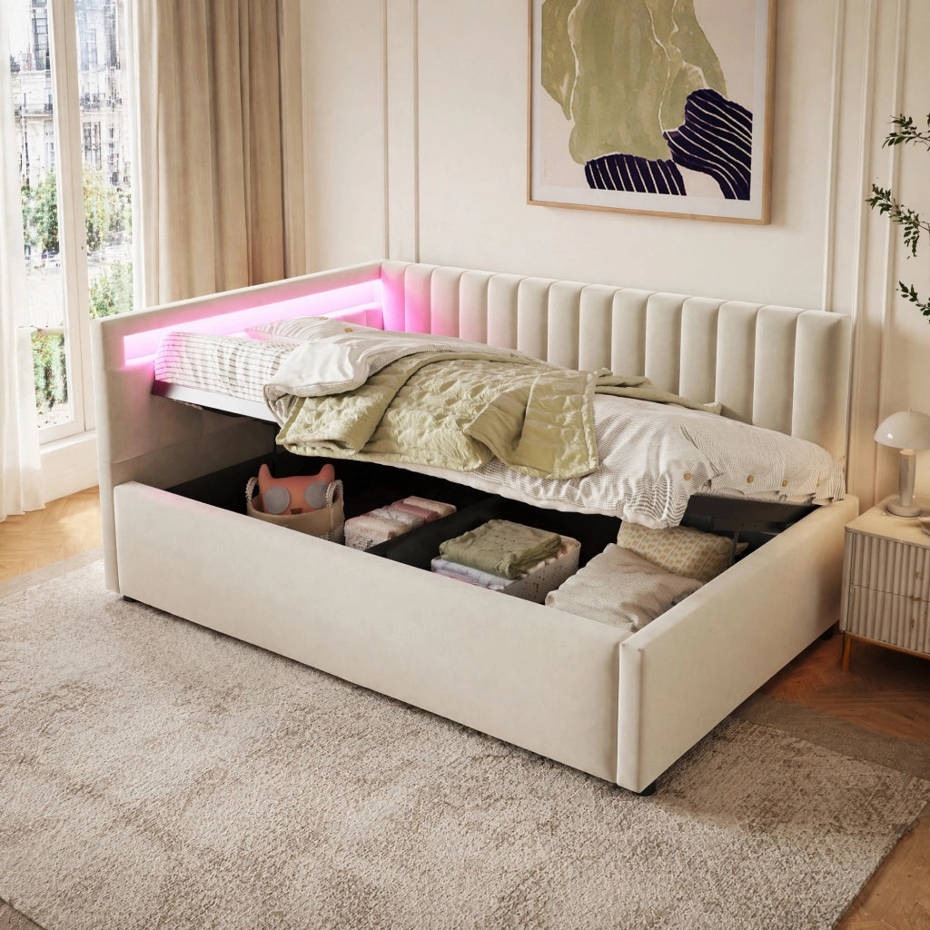 Divano letto imbottito con LED; vano contenitore idraulico; 90x200 cm; velluto beige