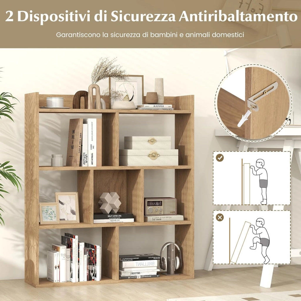 Libreria a Cubi con 7 Scomparti, Mensola Espositiva per l'Archiviazione, Libreria in Legno con Dispositivi Anti-Ribaltamento, per Studio Soggiorno, 80x20x90 cm (Naturale)