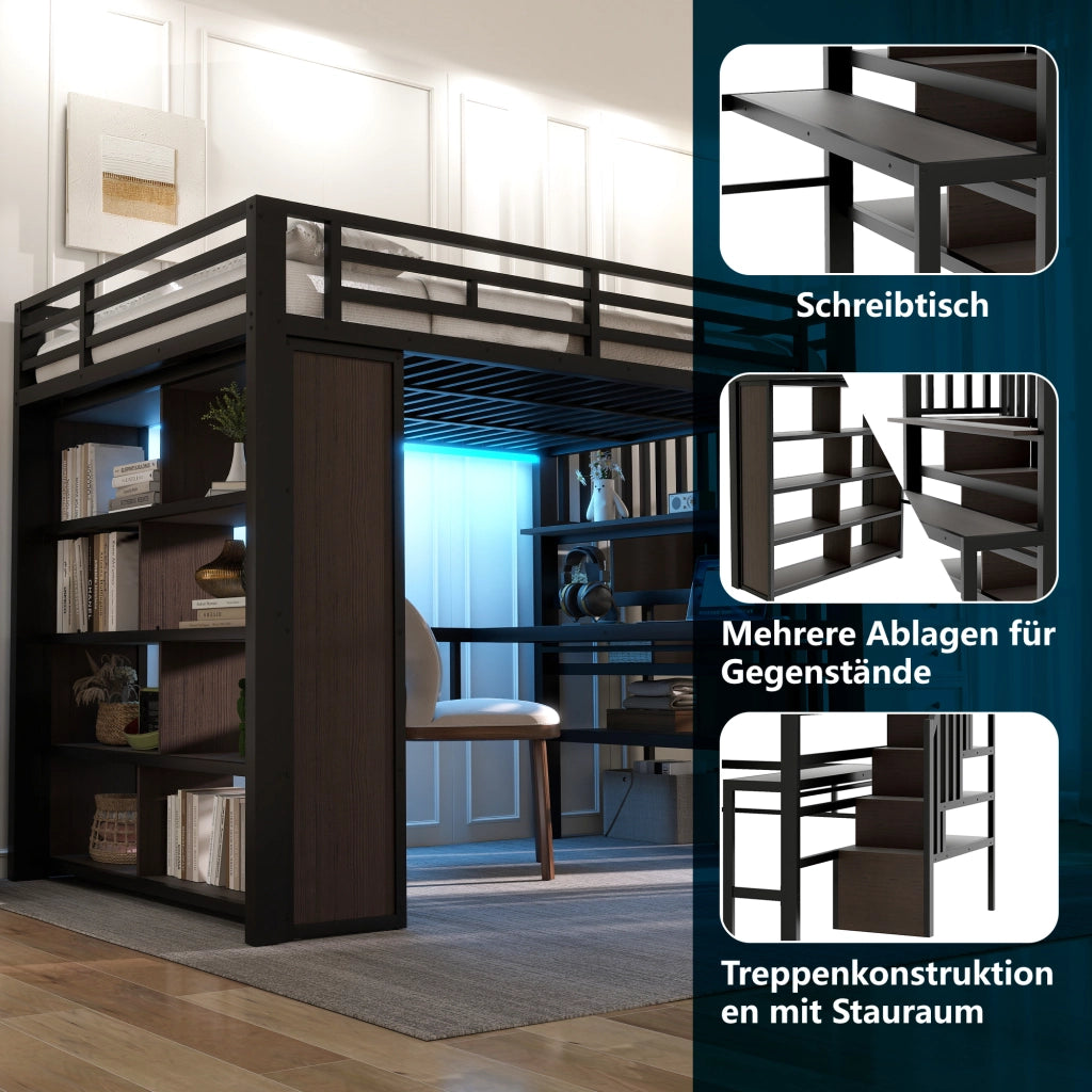Letto a soppalco matrimoniale 140×200 cm con scrivania; ripiani; scala contenitore e LED; senza materasso; nero