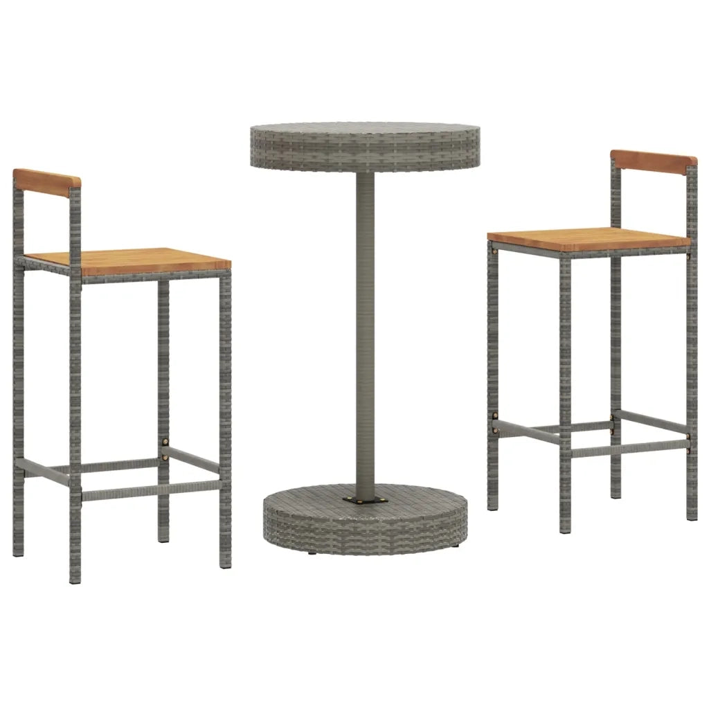 Set Bar Giardino 3pz | Set Salotto da Giardino Grigio Polyrattan e Legno Massello Acacia