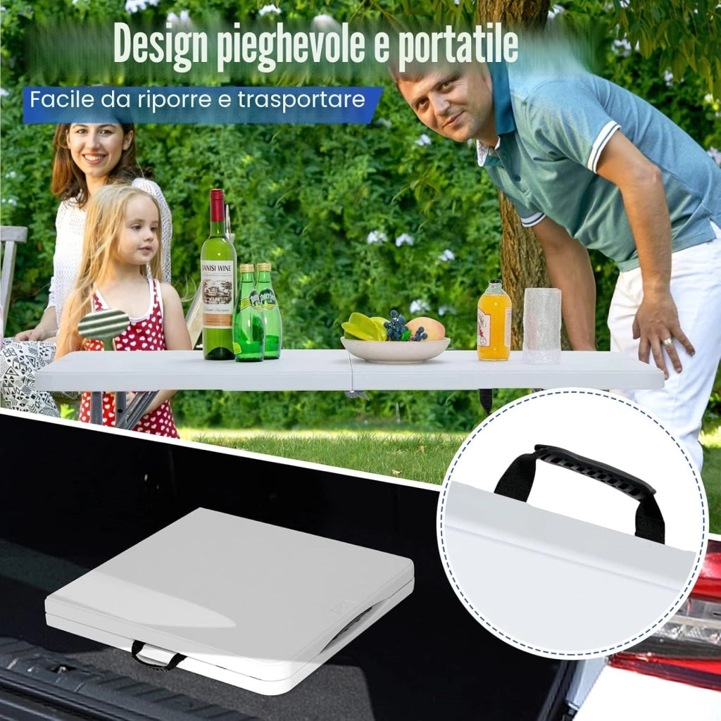 Tavolo Pieghevole Regolabile in Altezza, Tavolo Campeggio Richiudibile e Portatile con Maniglia di Trasporto, Tavolo Picnic Salvaspazio in HDPE, Telaio in Ferro, 120 x 60 x 74,5 cm, Bianco