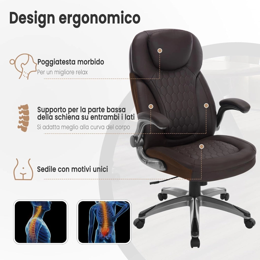 Sedia Ergonomica da Ufficio con Supporto Lombare, Poltrona Ufficio con Funzione Basculante e Braccioli Regolabili, Altezza Regolabile, PU, Nero