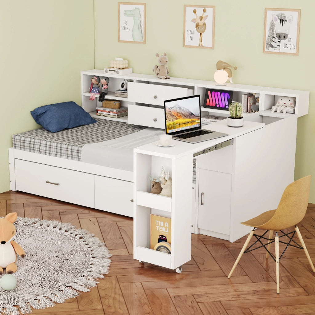 OKWISH Letto a Divano 90×200 cm, Letto Singolo con 2 Cassetti, USB, Presa e Scrivania Estraibile, senza Materasso, in Legno, Bianco