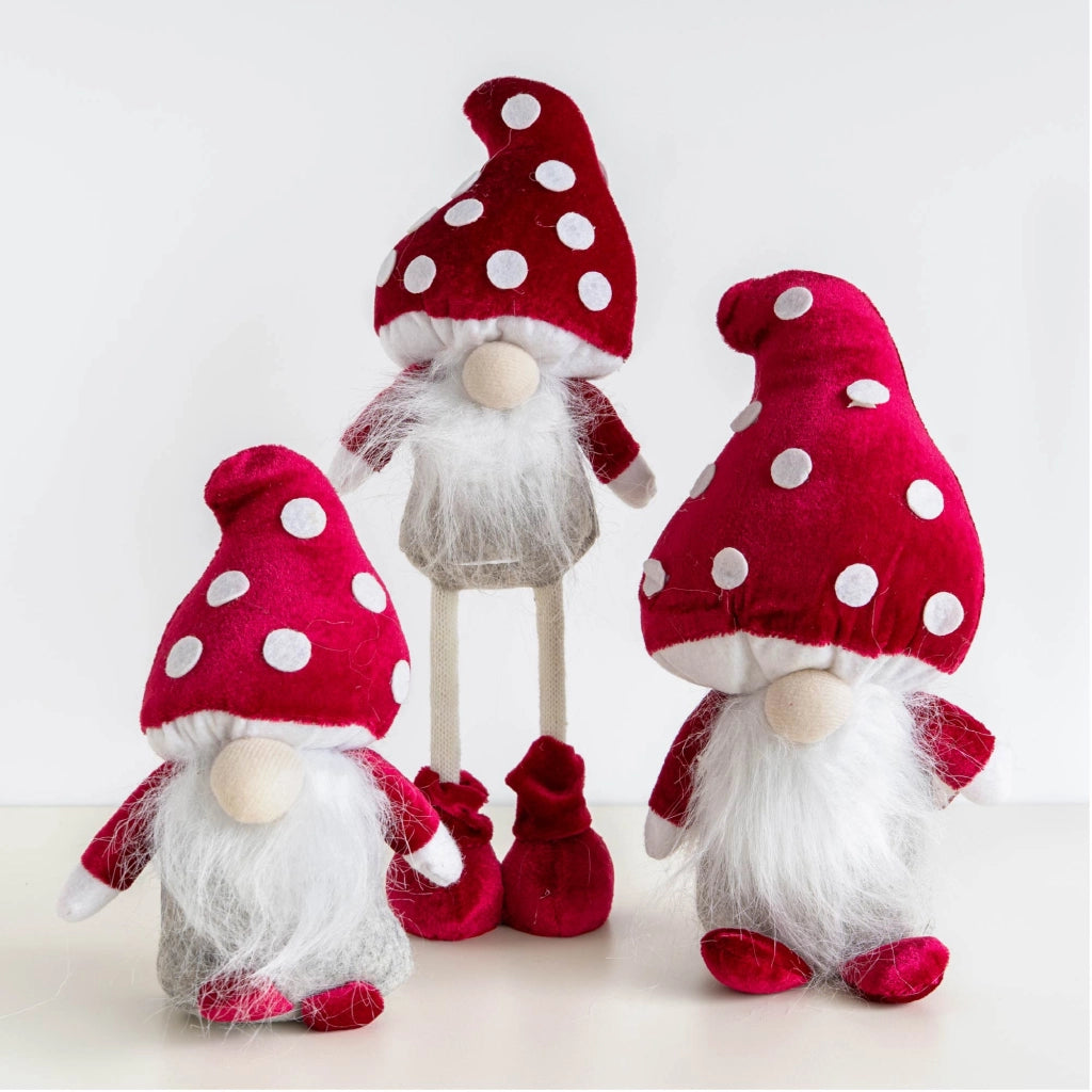 Set 3 Gnomi Natalizi Decorativi con Cappello a Forma di Fungo in Stoffa Rosso e Bianco Decorazioni di Natale per Casa Altezze 22/25/35 cm