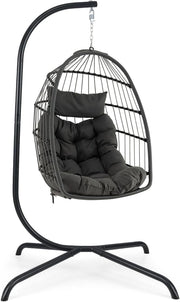 Set Sedia a Uovo Sospesa, Sedia Amaca con Cuscino, Set Altalena in Vimini da Interno/Esterno, Altalena da Giardino con Supporto in Metallo, Portata 150 kg