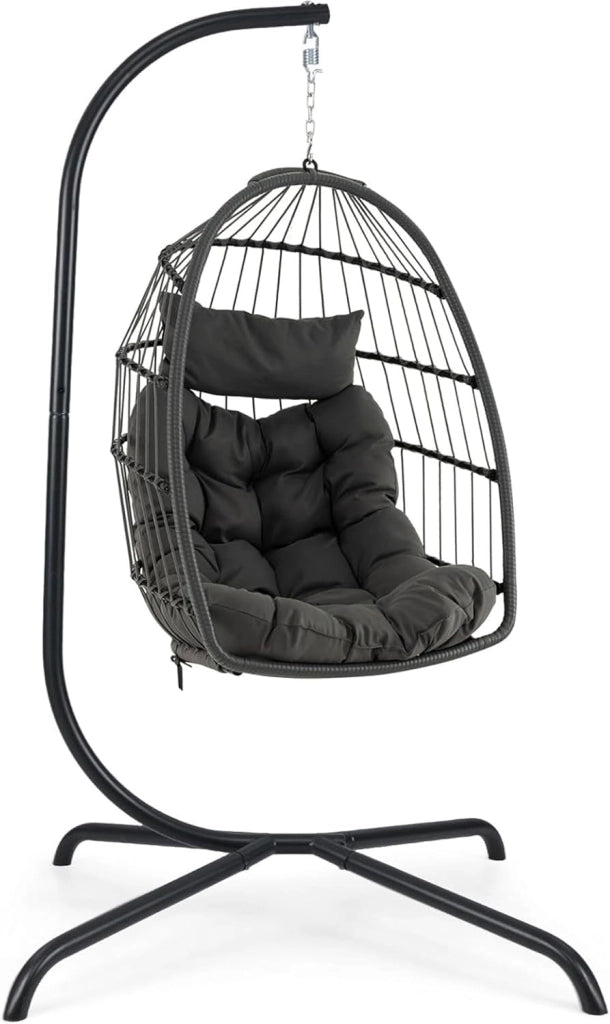 Set Sedia a Uovo Sospesa, Sedia Amaca con Cuscino, Set Altalena in Vimini da Interno/Esterno, Altalena da Giardino con Supporto in Metallo, Portata 150 kg
