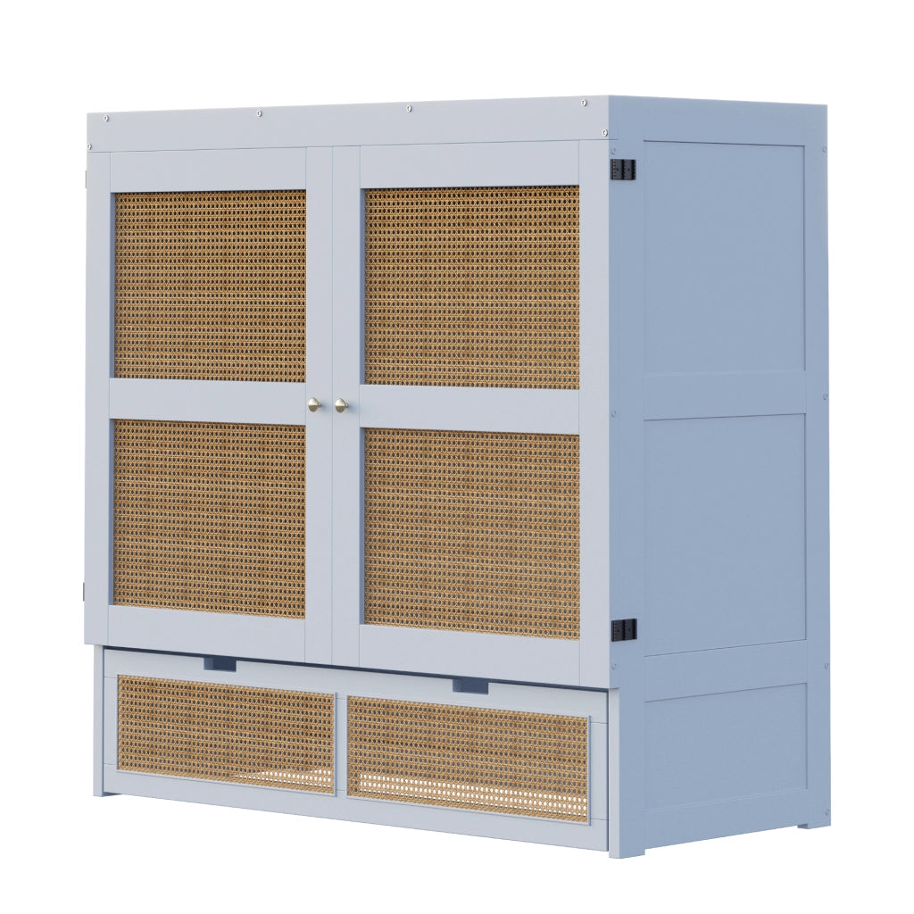 OKWISH Letto a scomparsa 140×200 cm, Letto Matrimoniale con 2 Cassetti, Ante Stile Rattan e Apertura 270°, senza Materasso, Grigio
