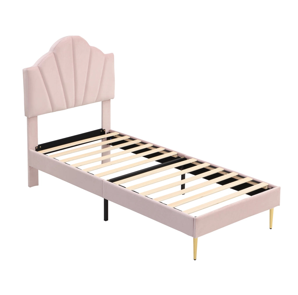Letto imbottito 90x200 cm; testiera a conchiglia regolabile; velluto rosa (Senza materasso)