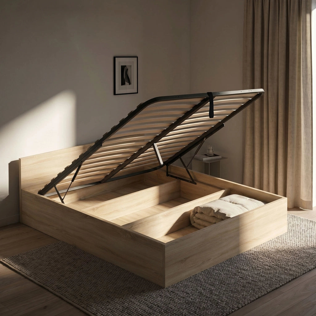 Letto con contenitore 160x200 cm rete sollevabile in metallo Rovere Sonoma