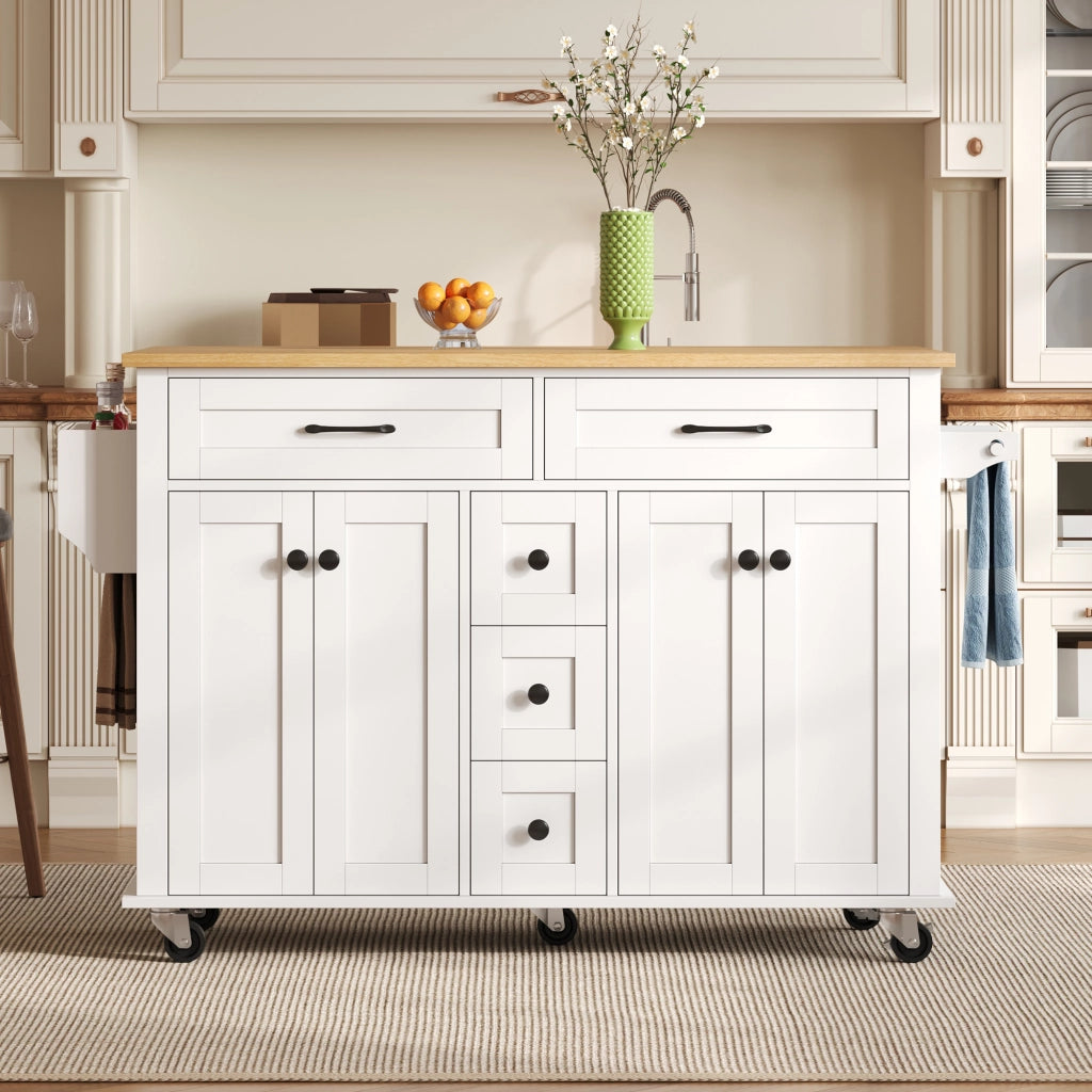 Carrello da Cucina con 5 Cassetti; 2 Ante; Ripiani Regolabili; Piano Ribaltabile e Ruote; in MDF; 140 x 40 x 89 cm