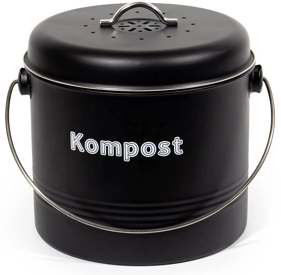 Contenitore per Rifiuti Biologici - 7 L - Senza Odore - Rifiuto Biologico con Filtro a Carbone Attivo - Compostatore in Metallo - Rifiuti Biologici Retro (Nero Mat)